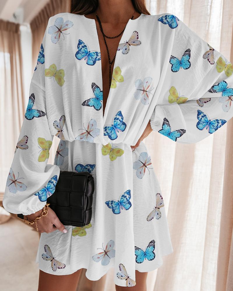 

Butterfly Print Lantern Sleeve Plunge Dress, White