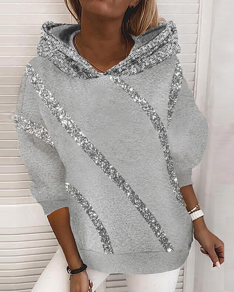 

Contrast Sequin Long Sleeve Hoodie, Gray