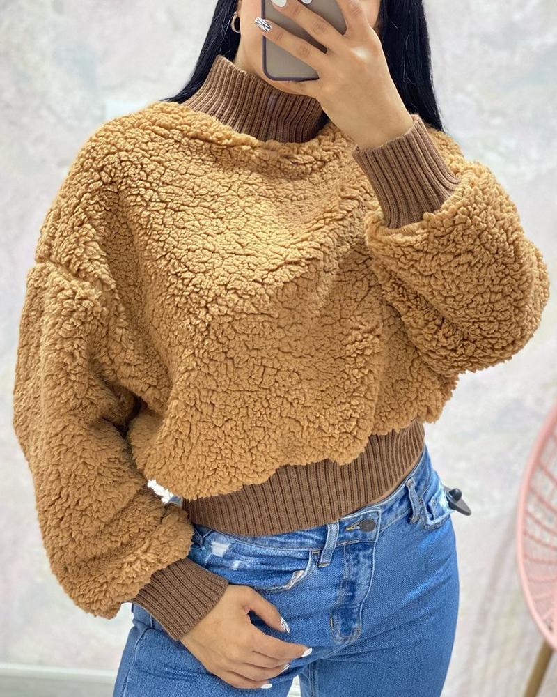 

High Neck Long Sleeve Colorblock Fluffy Sweater, Brown