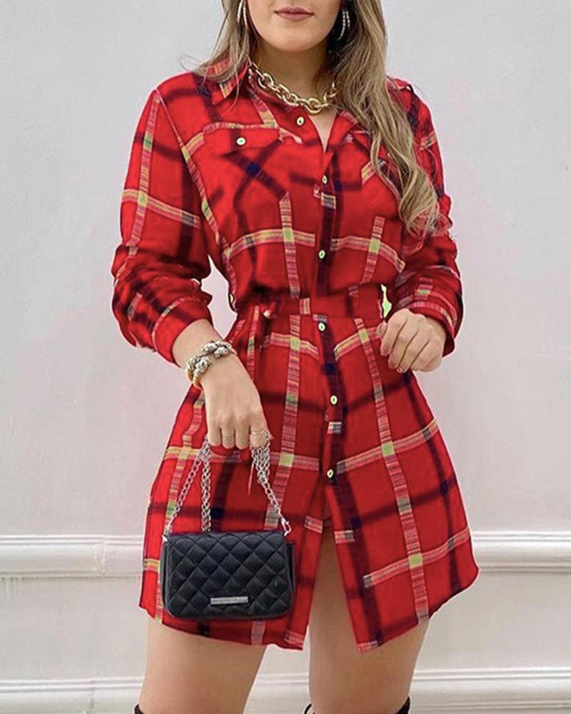 

Plaid Print Button Pocket Design Shirt Dress, Red