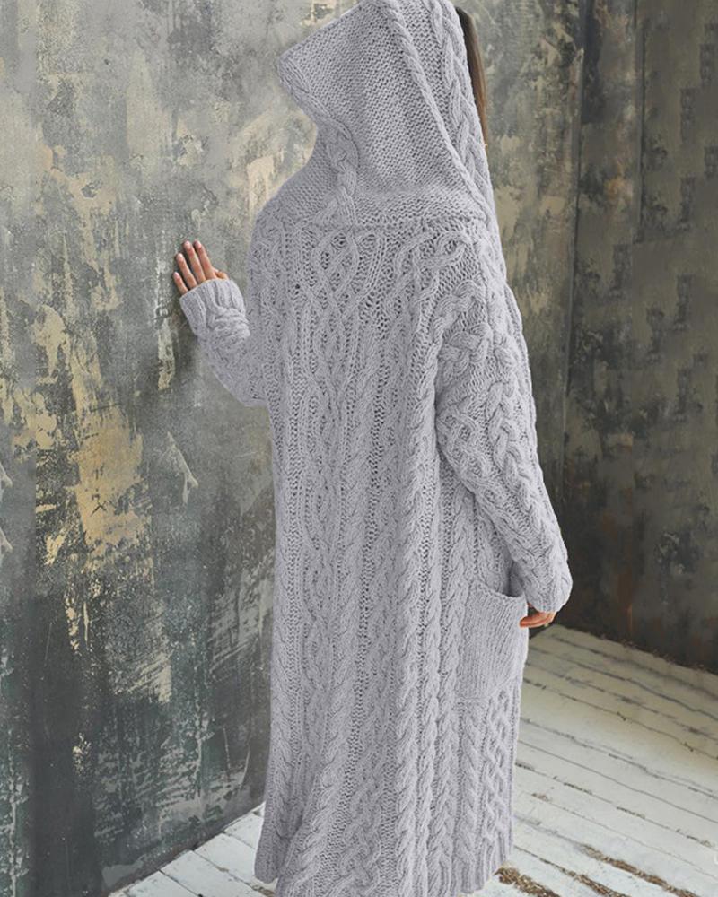 

Long Sleeve Cable Knit Hooded Cardigan, Gray