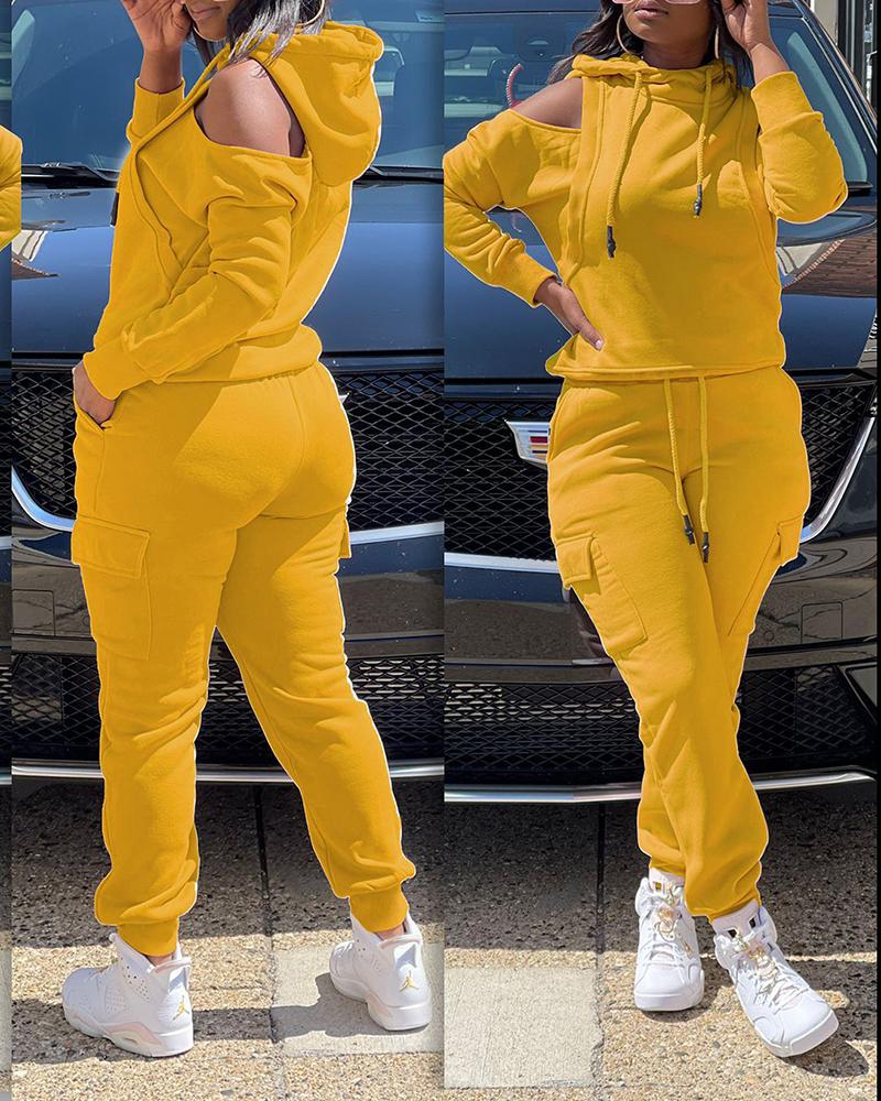 

Cold Shoulder Sweatshirt & High Waist Pants Set, Yellow