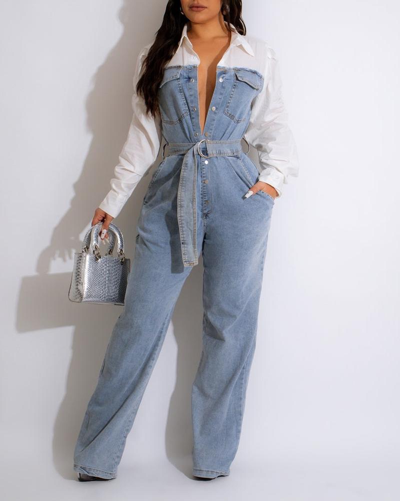 

Denim Patchwork Pocket Design Buttoned Jumpsuit, Blue