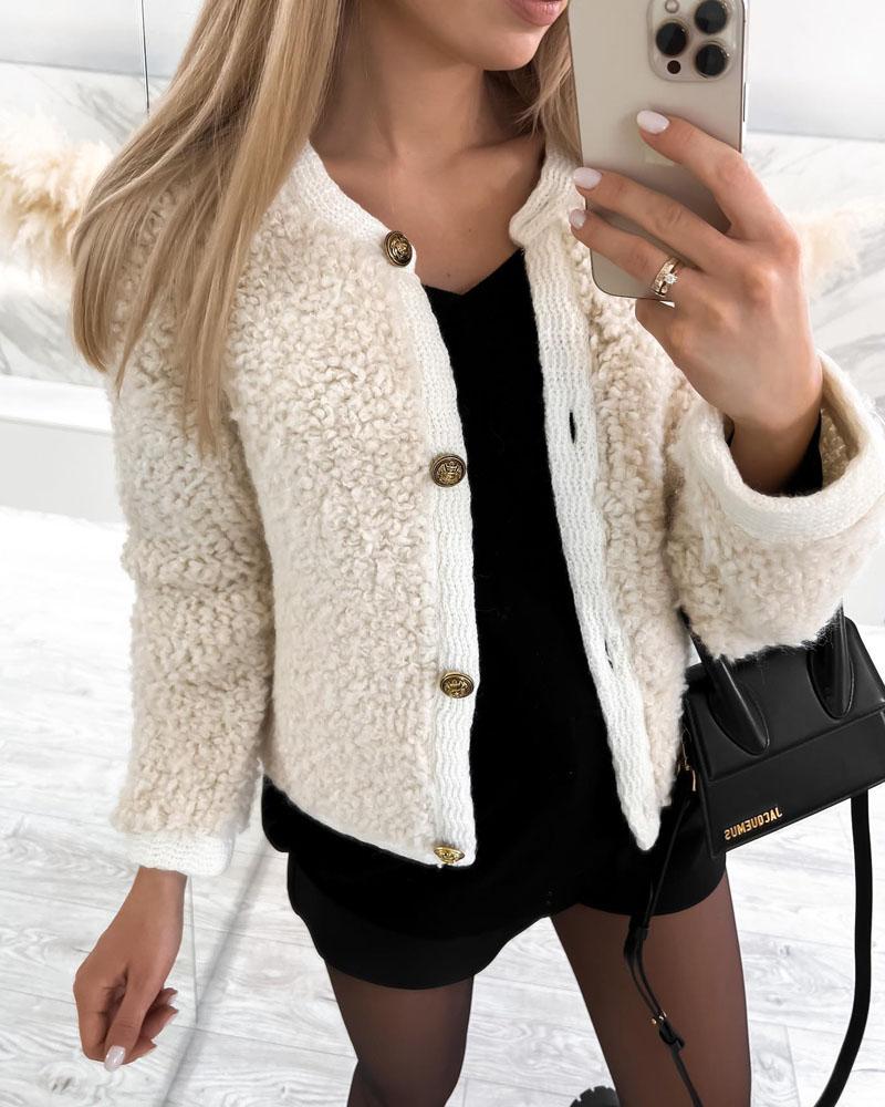 

Long Sleeve Buttoned Teddy Coat, Beige