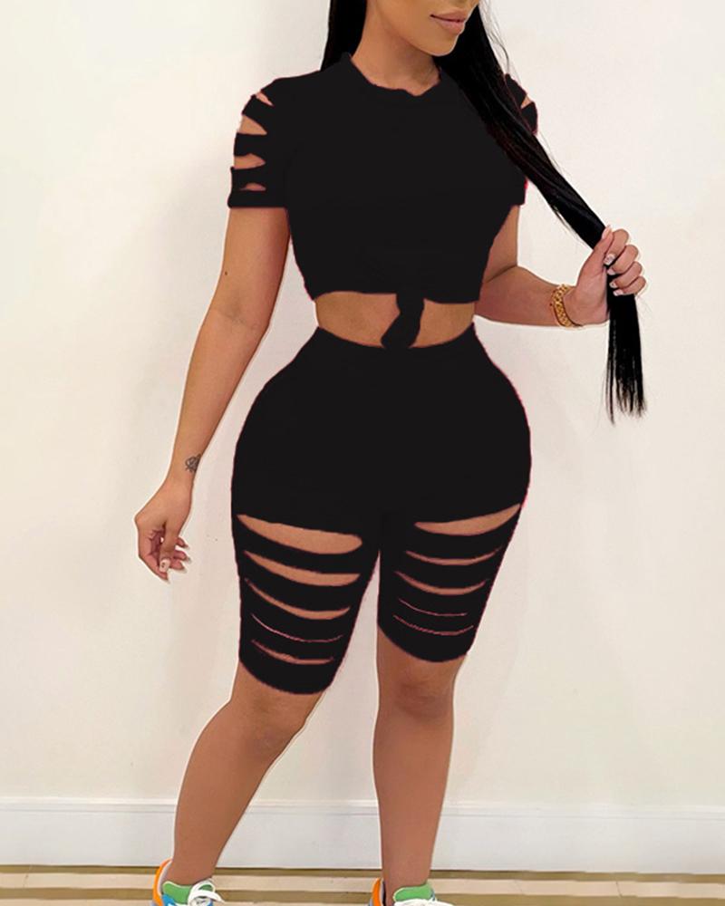

Solid Short Sleeve Skinny Cut-out T-shirts With Shorts Suit Sets, Black