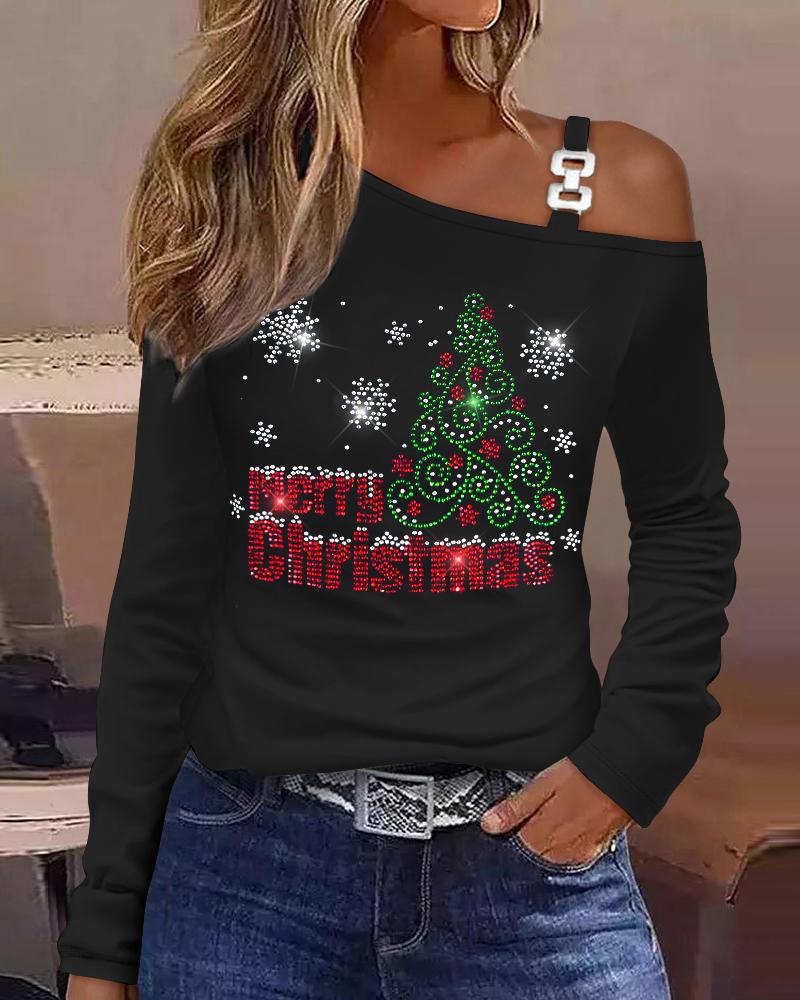 

Rhinestone Merry Christmas Tree Pattern Cold Shoulder Top, Black