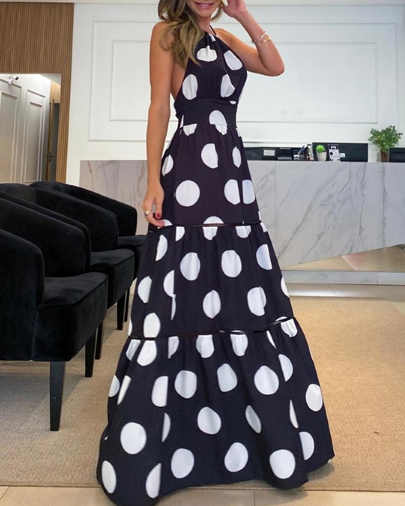 

Polkadot Print Halter Backless Smock Maxi Dress, Black