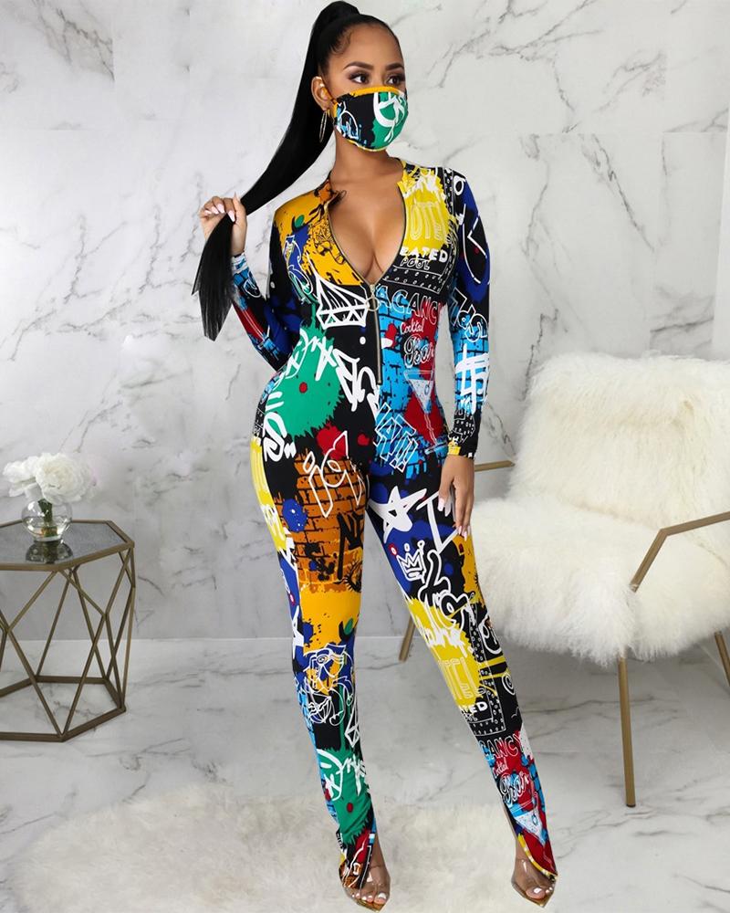 

Graphic Print Zipper Front Skinny Jumpsuit With Face Mask, Multicolor