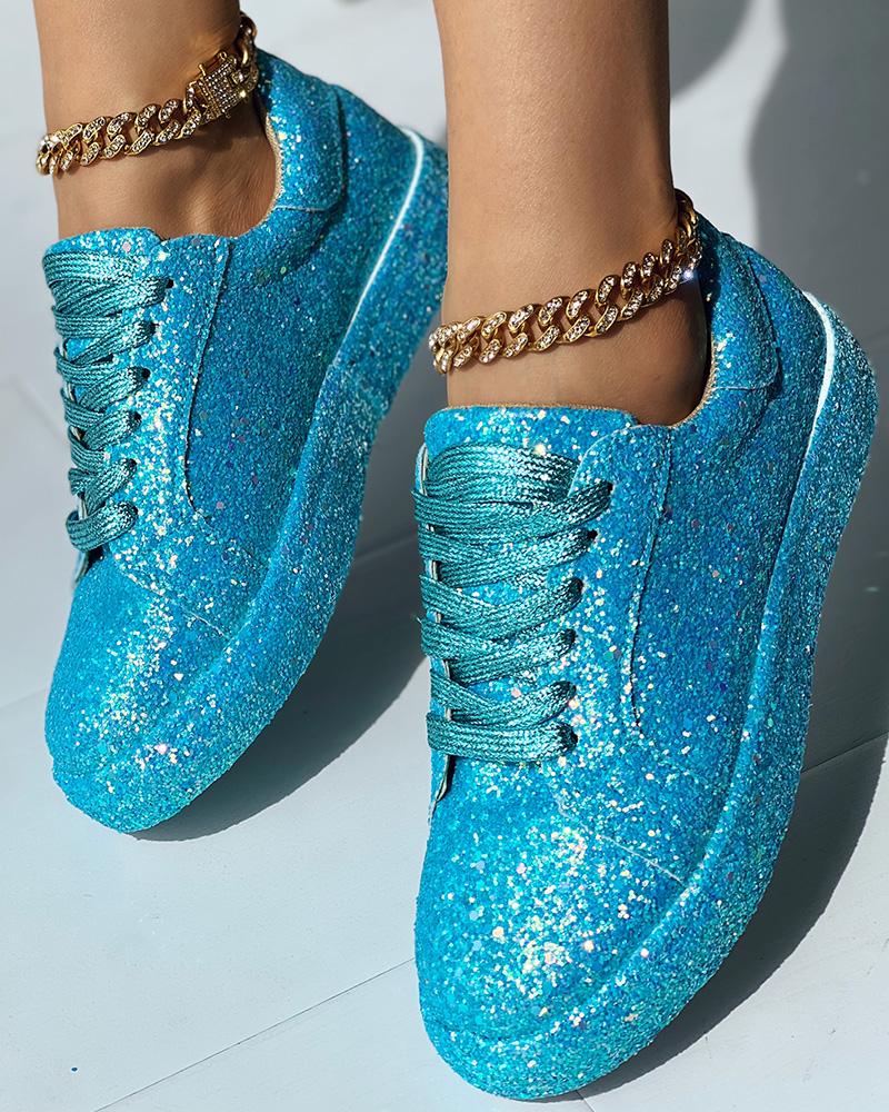 

Glitter Lace--up Sneakers, Blue