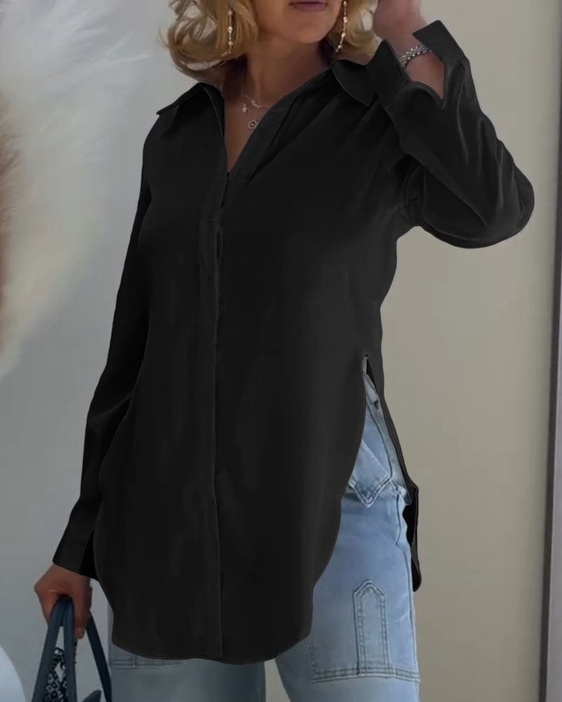 

Chemisier classique uni à manches longues et col rabattu, style décontracté, boutonné sur le devant et fendu sur le devant, Black