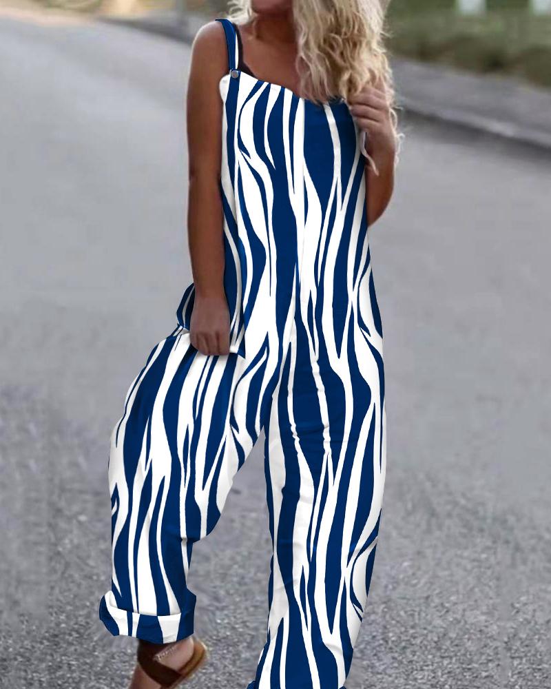 

Zebra Stripe Print Casual Suspender Jumpsuit, Blue
