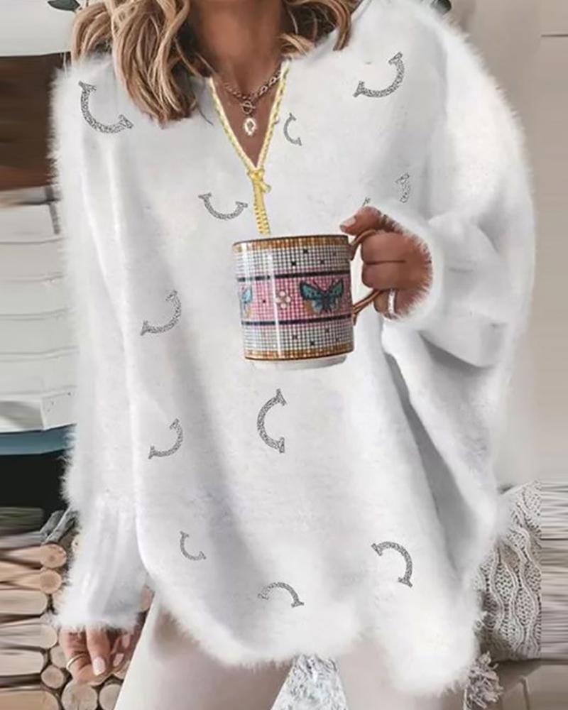 

Knit Smile Print Lantern Sleeve Sweater, White