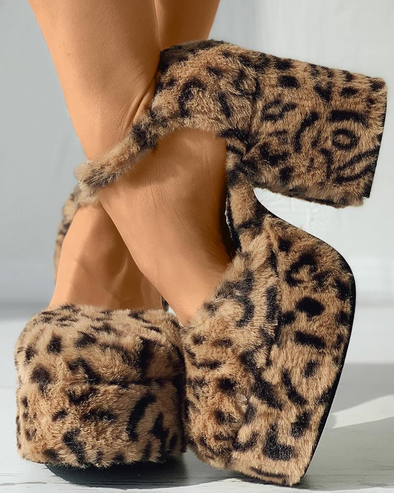 

Cheetah Print Fluffy Chunky Heels, Leopard