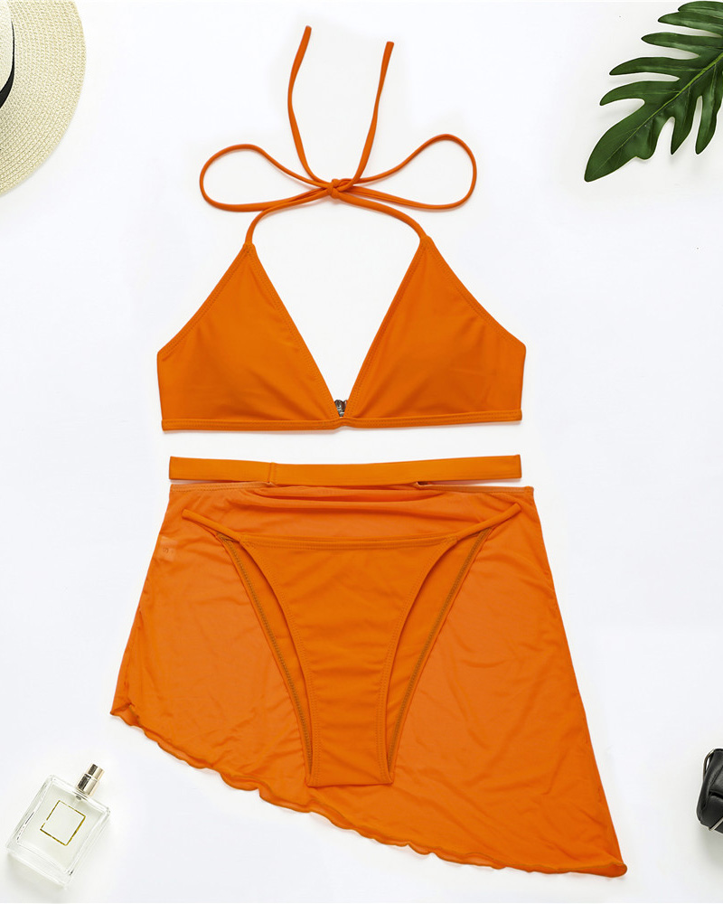 

Halter Bikini Set With Cutout Cover Up Skirt, Orange
