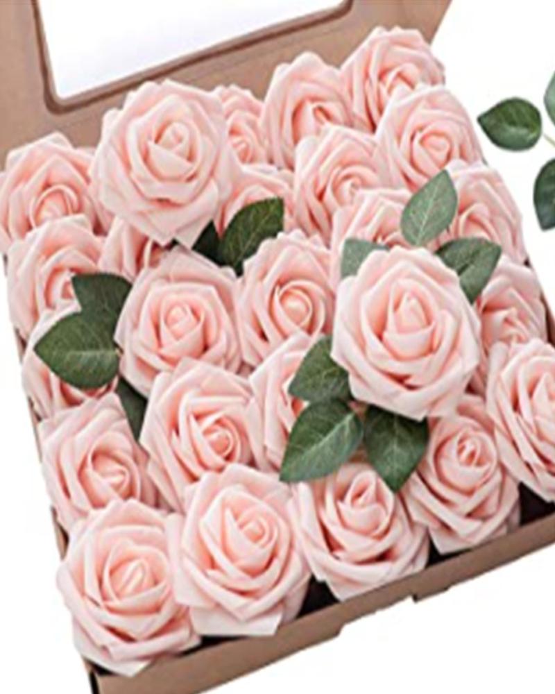 

Artificial Flowers 25pcs Real Looking Blush Foam Fake Roses with Stems for DIY Wedding Bouquets Bridal Shower Centerpieces Party Decorations, Champagne