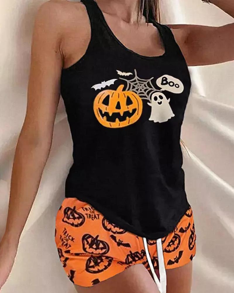 

Halloween Pumpkin Print Drawstring Pajamas Set, Black