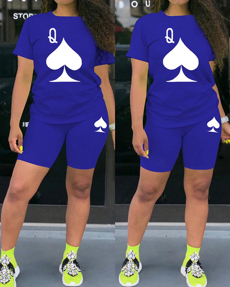 

Poker Print Short Sleeve Top & Skinny Shorts Set, Dark blue