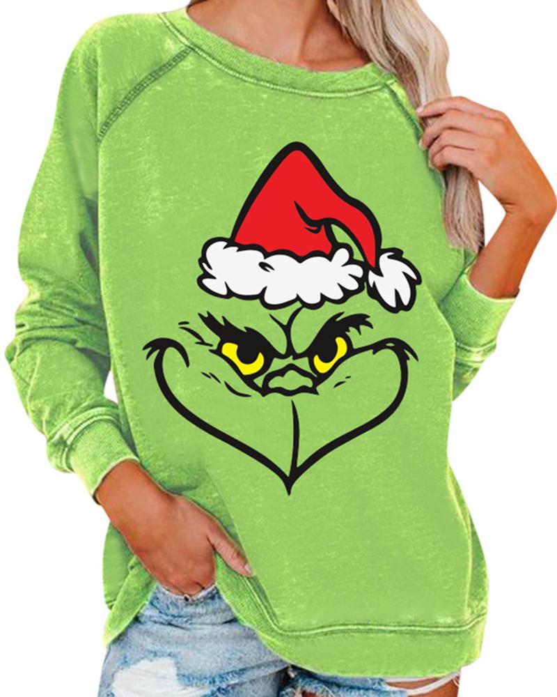 

Christmas Grinch Face Print Round Neck Sweatshirt, Green