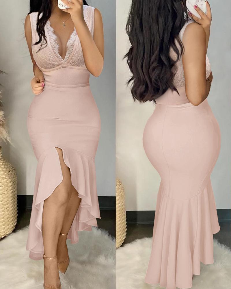 

Contrast Lace Plunging Neck Mermaid Dress, Pink