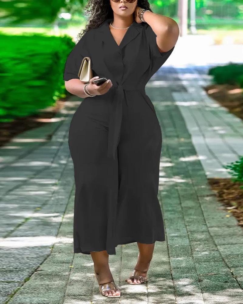 

Plus Size Knot Hem Button Front Top & Wide Leg Pants Set, Black