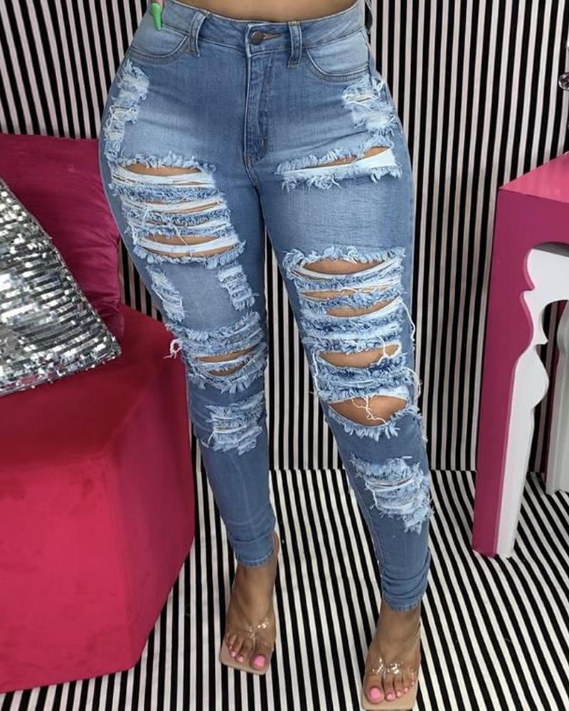 

Zipper Fly Cutout Ripped Skinny Jeans, Blue
