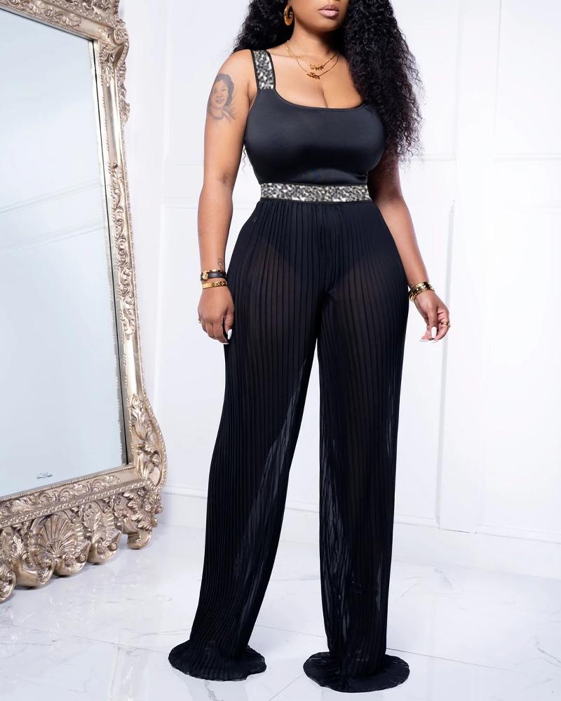 

Tape Patch Sleeveless Bodysuit & Wide Leg Pants Set, Black