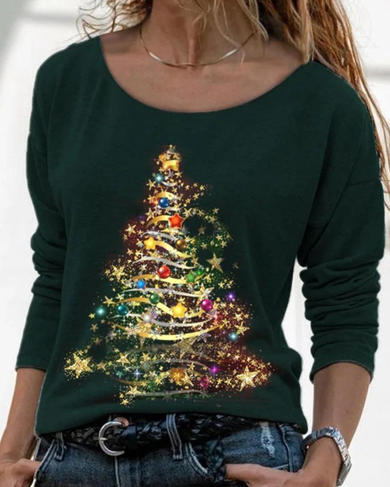 

Christmas Tree Print Long Sleeve Casual Top, Green