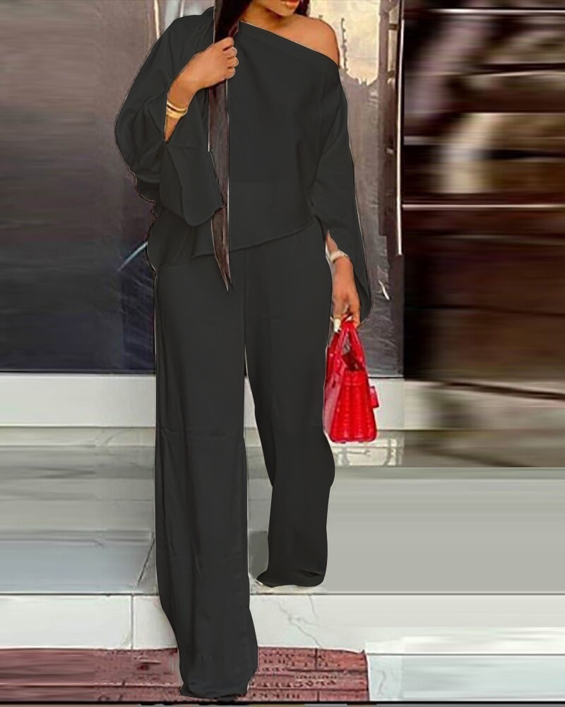 

Skew Neck Top & Wide Leg Pants Set, Black