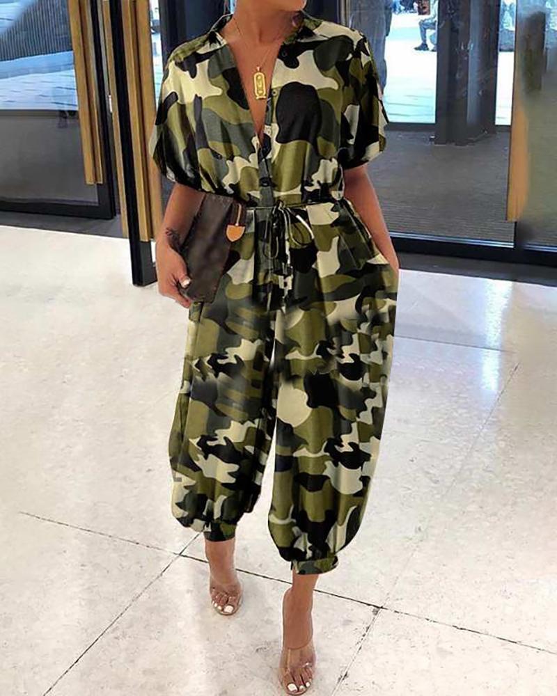 

Camouflage Print Pocket Design Batwing Sleeve Jumpsuit, Army green