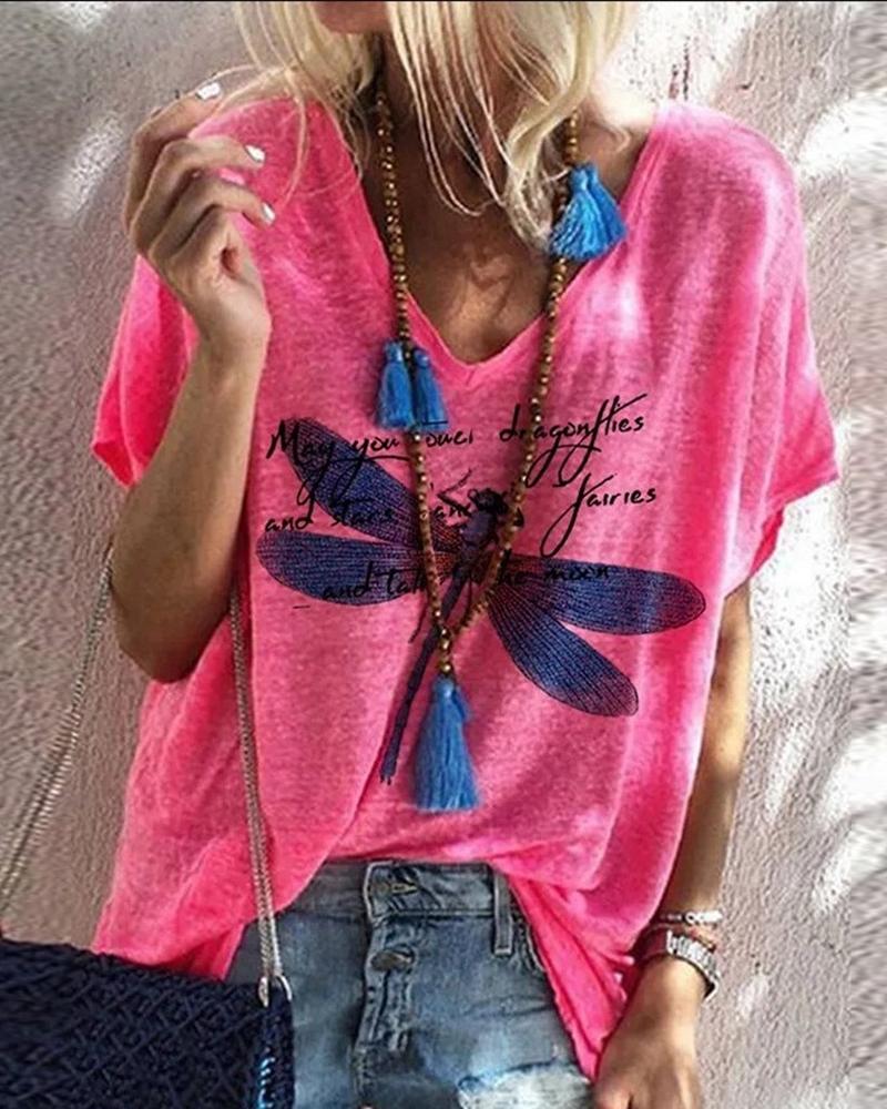 

Dragonfly Print V Neck T-Shirt, Pink