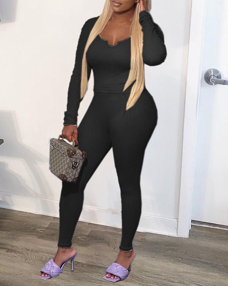 

Ribbed Long Sleeve Top & High Waist Pants Set, Black