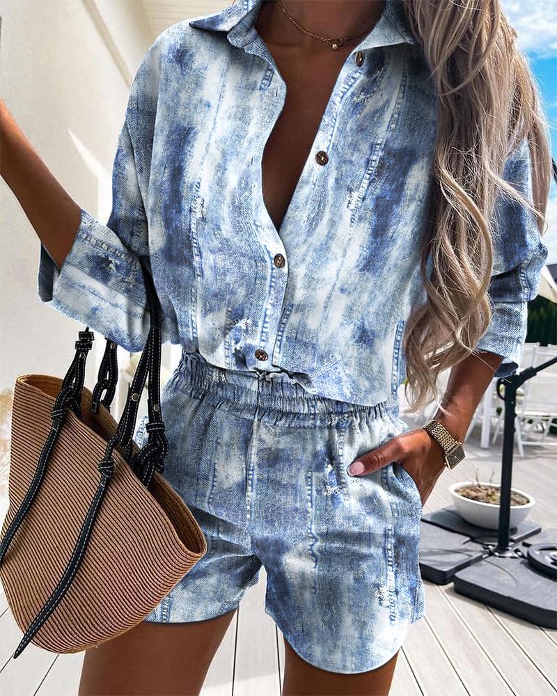 

Two Piece Sets 3/4 Sleeve Casual Distressed Button Design Casual Shirt & Shorts Set, Blue