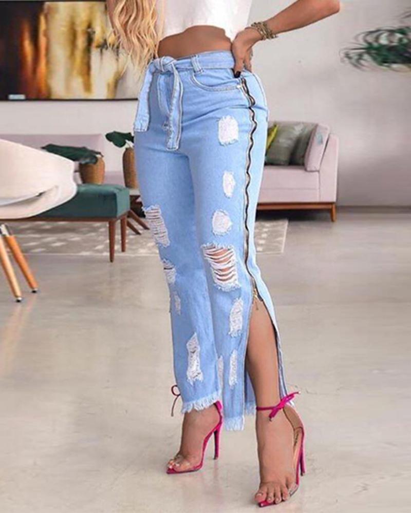 

Ripped Fringe Hem Slit Denim Pants, Blue