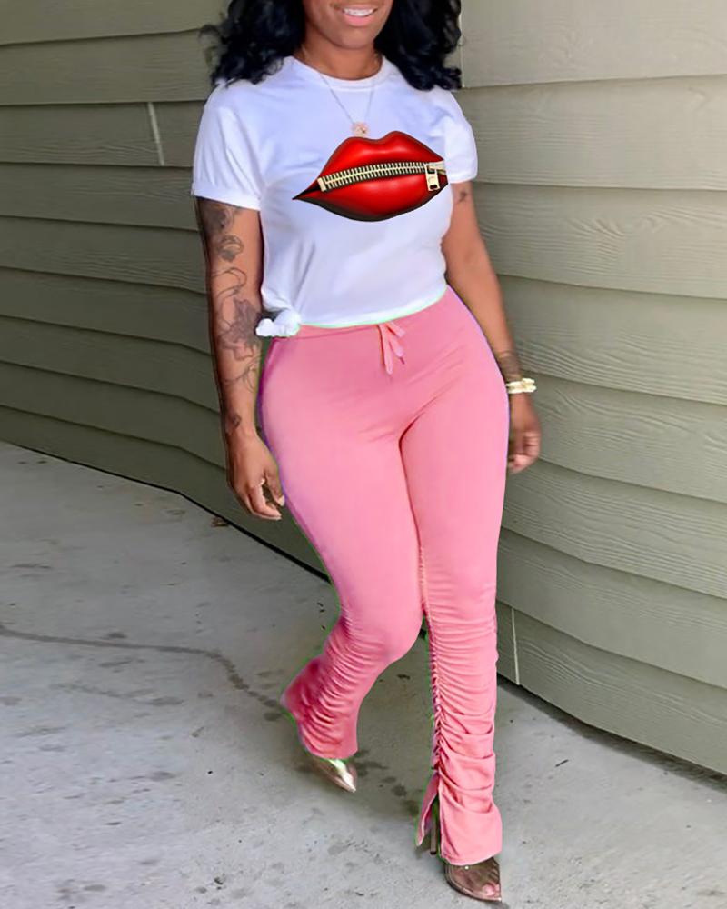 

Lip Zipper Print Top & Drawstring Pants Set, Pink