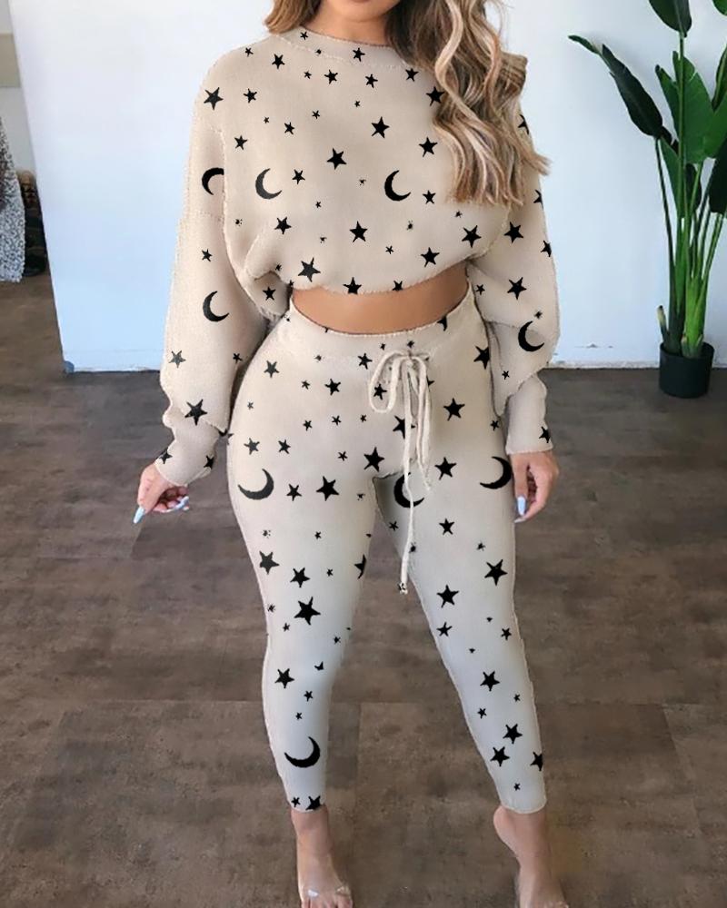 

All Over Print Crop Top & Drawstring Pants Set, Apricot