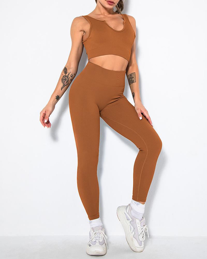 

Solid Color Sleeveless Seamless Knit Skinny Sexy Active Sets, Coffee