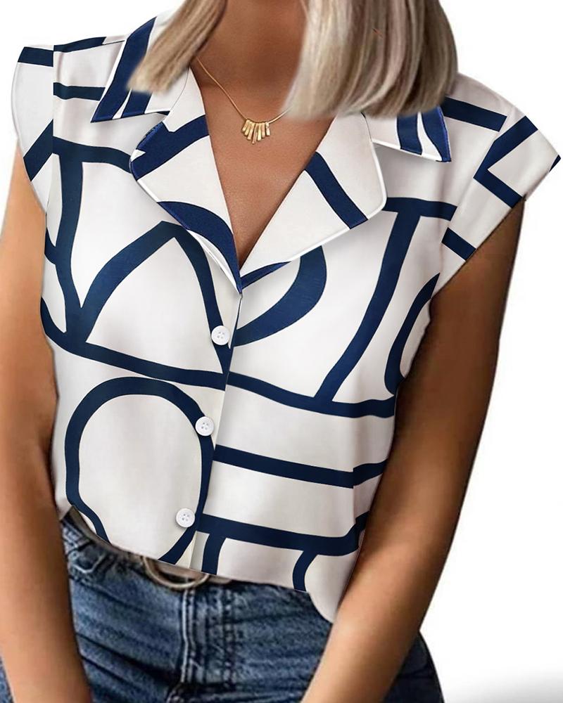 

Striped Print Button Front Top, White