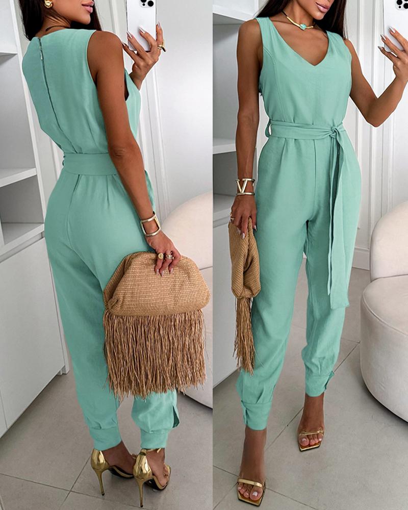 

V-Neck Thick Strap Tied Detail Zipper Back Cuffed Jumpsuit Elegant Overalls, Green