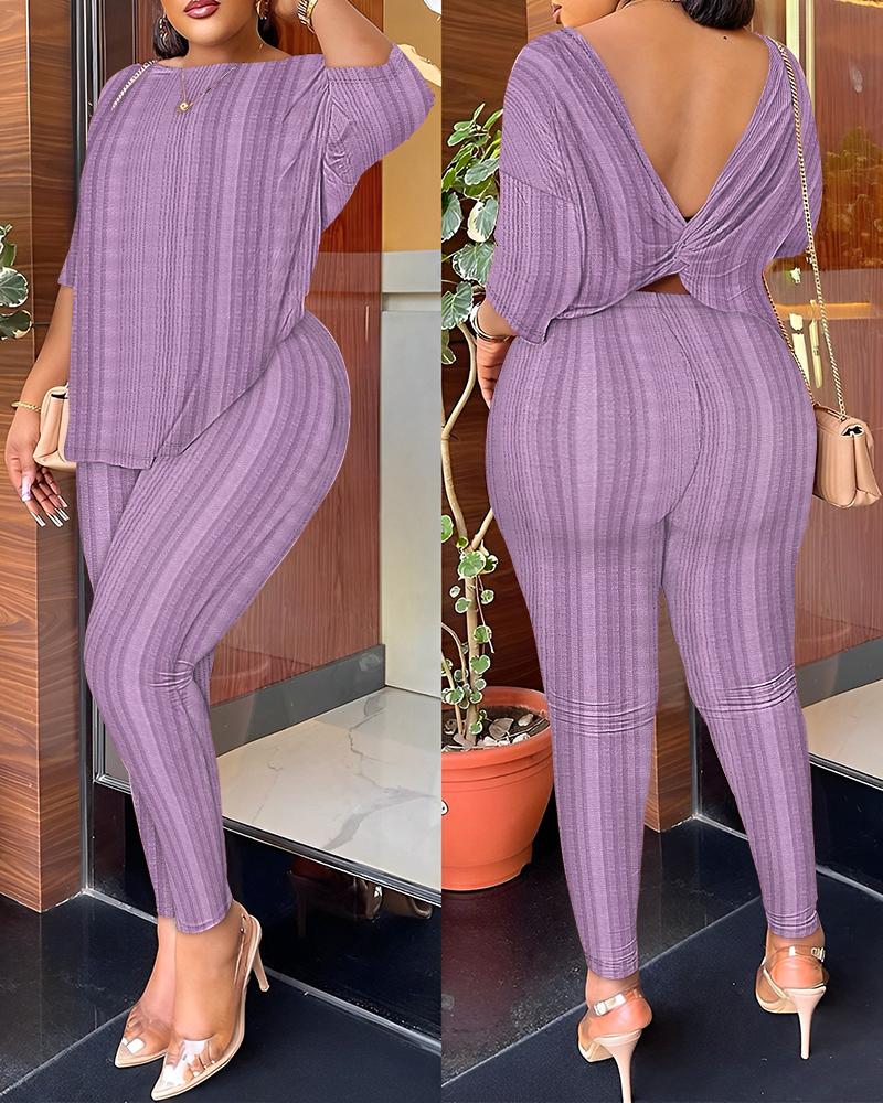 

Twisted Backless Ribbed Top & Pants Set, Purple