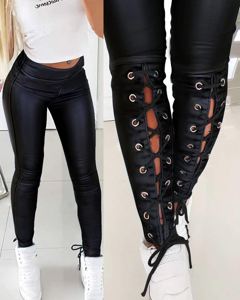 

Solid Color PU Leather Eyelet Lace-Up Skinny Pants, Black