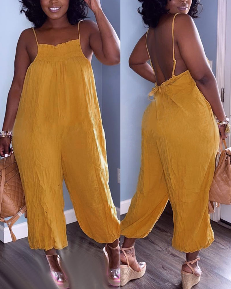 

Spaghetti Strap Backless Shirred Frill Hem Jumpsuit, Yellow