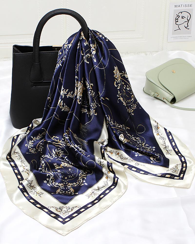 

Graphic Print Vintage Satin Square Silk Scarf, Dark blue