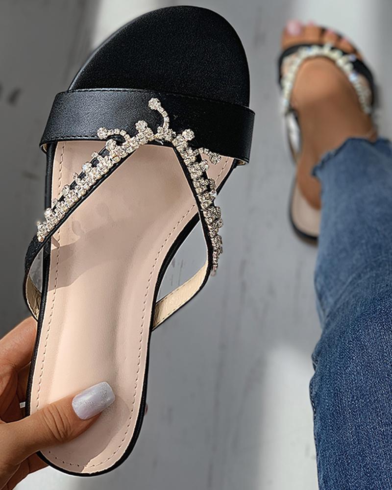 

Rhinestone Cutout Open Toe Flat Slippers, Black