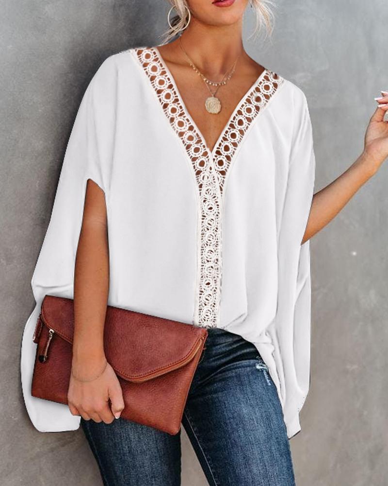 

Contrast Lace Batwing Sleeve Cape Design Top, White