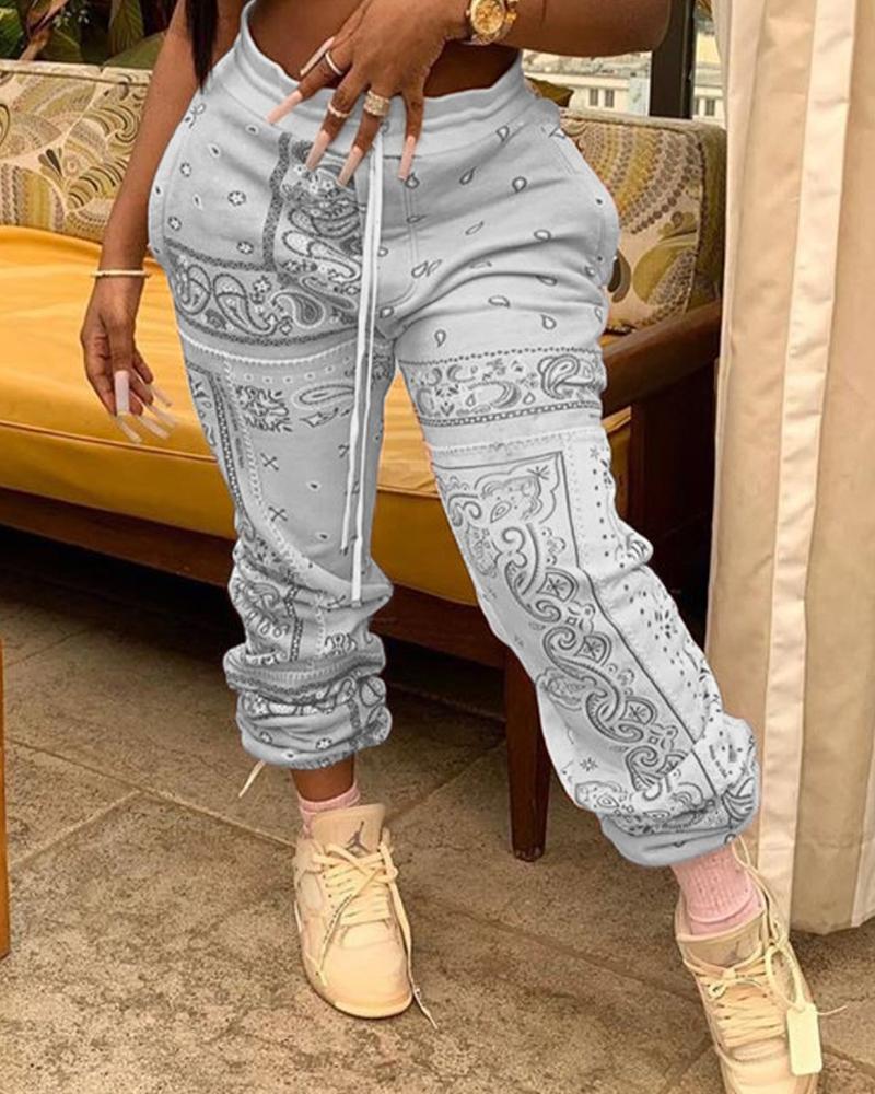

Plus Size Paisley Print Drawstring Ruched Pants, Gray