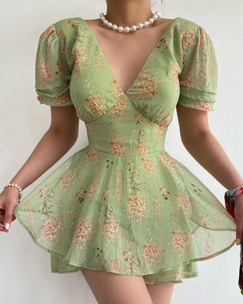

V-Neck Puff Sleeve Floral Print Layered Dress, Green