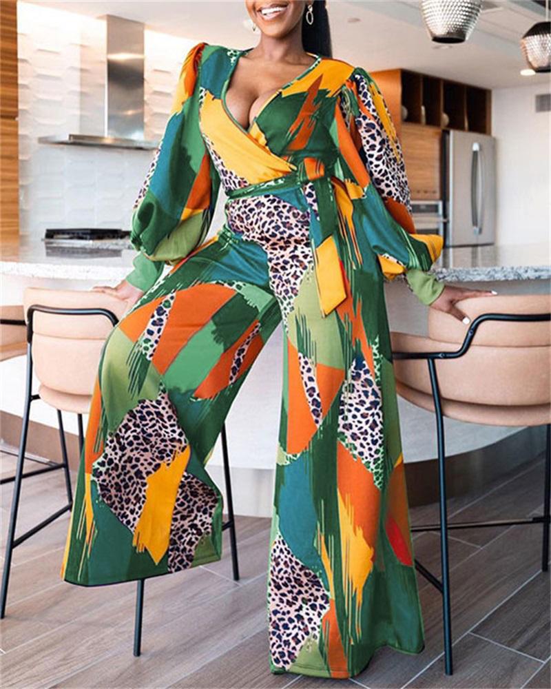 

Plus Size Leopard Print Long Sleeve Jumpsuit, Green