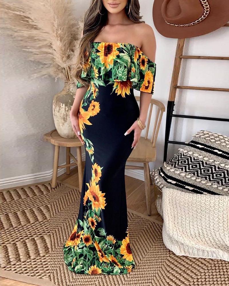 

Sunflower Print Off Shoulder Ruffle Hem Mermaid Dress, Black