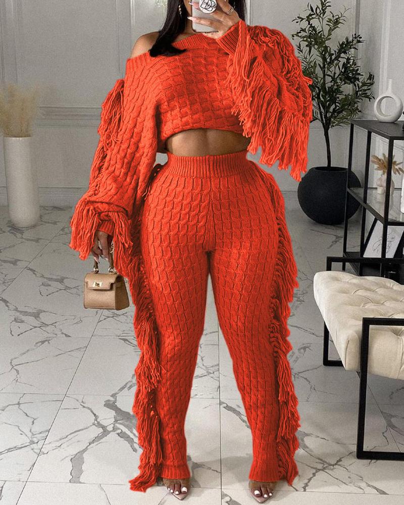 

Knit Tassel Design Sweater & High Waist Pants Set, Orange