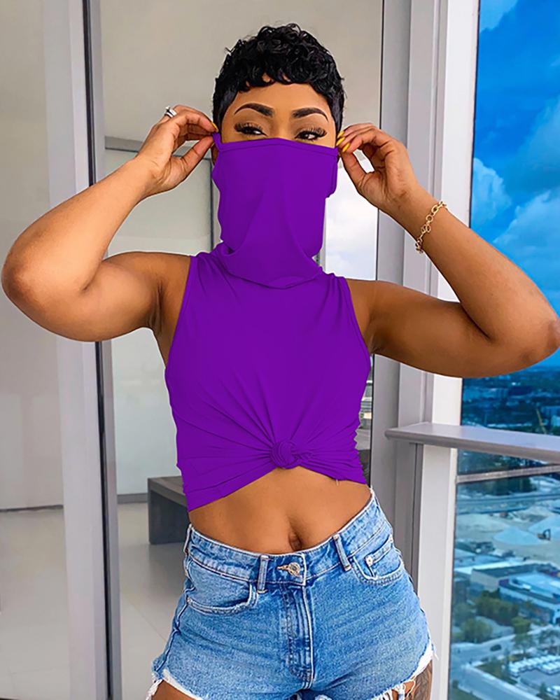 

Solid Sleeveless Casual Top With Bandana, Purple